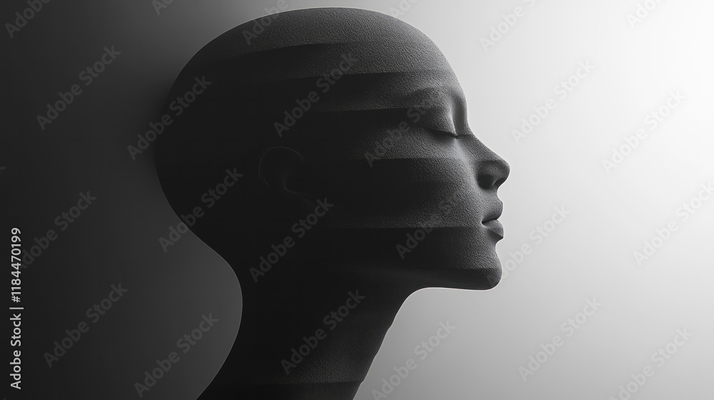 Poster overlapping grayscale silhouettes stacked in a row, from behind which a radiant, saturated form emer