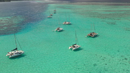 Aerial view of several sailing catamarans moored in shallow, clear turquoise coral reef water near the coast of Tahiti island, French Polynesia, offering a breathtaking view of the tropical paradise © Goinyk