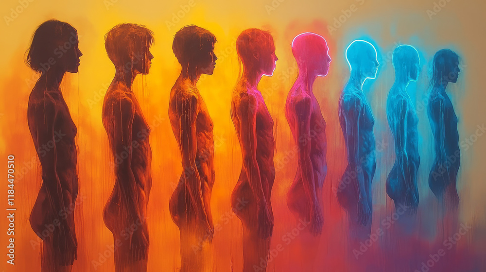 Poster a uniform line of silhouettes against a soft beige background, each progressively less visible, whil