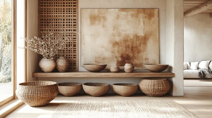 Modern minimalist living room with wooden shelf, earthy tones, and woven baskets.