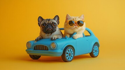 Cute dog and cat enjoying a sunny ride in a toy car against a bright yellow background