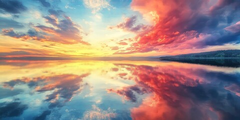 Obraz premium Colorful sky with clouds is mirrored in the lake, creating a stunning reflection. This colorful sky scene is perfect for backgrounds and evokes a serene atmosphere with its beautiful colors.