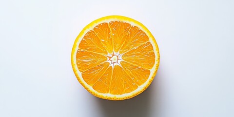 Fototapeta premium A perfectly sliced ripe orange cut in half showcases its vibrant, juicy color against a simple white background, standing alone without any other distractions.