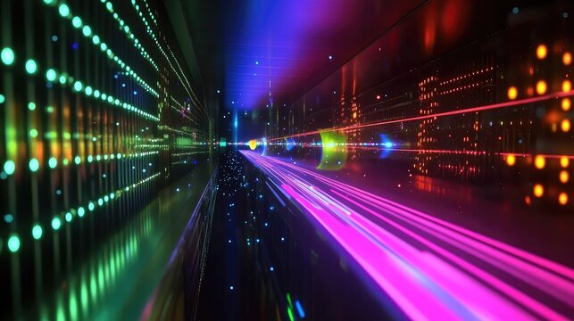 Visualization of a quantum photonic computing system, with photons navigating quantum circuits to process and transmit data at light speed