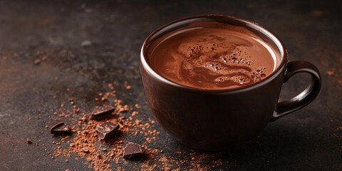 Indulge in a rich melted chocolate drink, beautifully presented against a dark background. This hot beverage exudes warmth and comfort, making it the perfect treat for chocolate lovers.