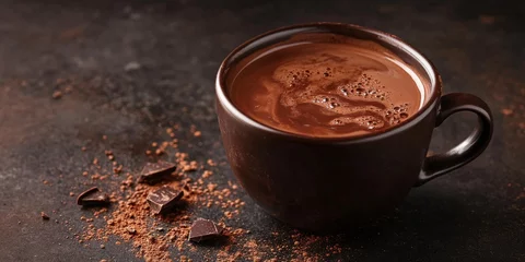 Velours gordijnen Indulge in a rich melted chocolate drink, beautifully presented against a dark background. This hot beverage exudes warmth and comfort, making it the perfect treat for chocolate lovers. © Lala