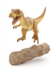 Fototapeta premium A toy dinosaur leaping over a log, showcasing playful design and imaginative play.