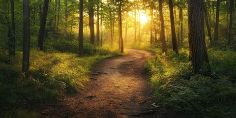 Fototapeta premium Morning walk on a scenic trail, perfect for enjoying nature. This walking trail offers a refreshing start to the day, ideal for those who love walking trails in serene environments.