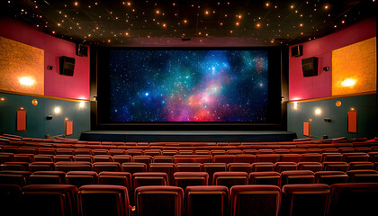 Empty movie theater auditorium with a vibrant nebula displayed on the large screen.  Perfect for themes of entertainment, space, or cinema.