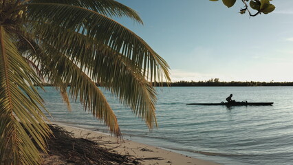 Palm trees frame a Polynesian fisherman paddling a traditional va'a outrigger canoe at sunset in the tranquil lagoon of Maupiti, French Polynesia. Remote wild nature paradise, exotic summer travel