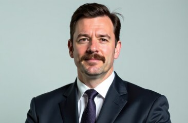 smiling middle aged businessman with mustache in formal suit against neutral background. professional headshot portrait, clerk with smile on face. business, entrepreneurship