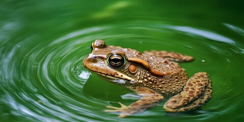 Fototapeta premium Toad swimming in a vibrant green water pond, showcasing the natural behavior of the toad in its aquatic habitat. The green water pond provides an ideal setting for the toad to thrive.
