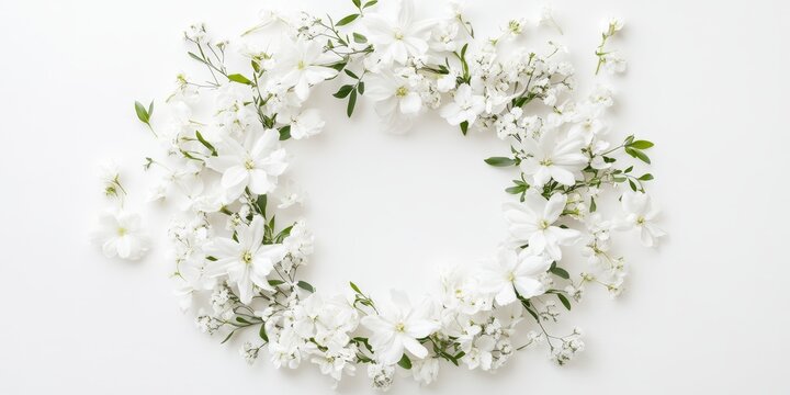 White flowers composition featuring a wreath of white flowers set against a white background. This white flowers design embodies spring and summer themes in a flat lay, top view presentation. - Powered by Adobe