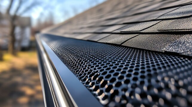 Close-up of a gutter with mesh guard on a house roof.