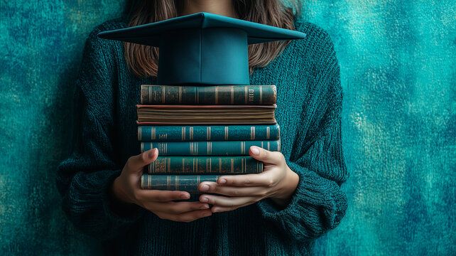 Graduation Cap and Stack of Books: A symbolic image of a woman holding a graduation cap and a stack of books, representing the culmination of knowledge and academic achievement.