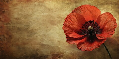 Fototapeta premium Textured stylish old paper background featuring a vibrant red poppy, creating a unique and artistic setting with a blend of rustic charm and elegant design elements. Perfect for various projects.