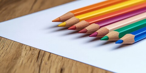 Fototapeta premium Colorful pencils arranged on a wooden table beside clear white paper, creating a vibrant workspace for artistic expression and creativity through colorful pencils.