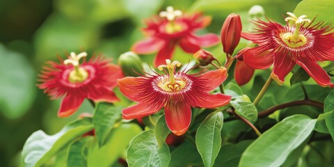 Scarlet Flame Passiflora, also known as Red passion flower, showcases its vibrant blooms on the plant. This captivating Passiflora Scarlet Flame brings a touch of beauty to any garden setting.