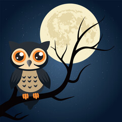 Owl bird on tree branch, dark and bright full moon. vector illustration ,all layers are single for any coustomization , Eps 10
