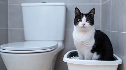 Fototapeta na wymiar Cat litter box with a black and white cat on a white background. The playful cat is utilizing the litter box while sitting by the toilet, embodying the adorable concept of pets in design.