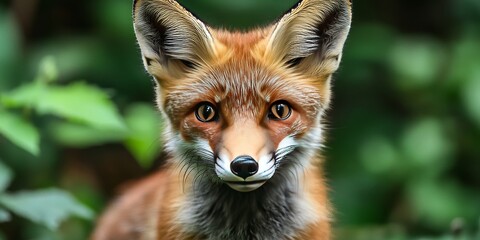 Fototapeta premium Close up of a young red fox face amidst a natural background, showcasing the intricate details of the young red fox features in its wild habitat. The young red fox captivates with its curious