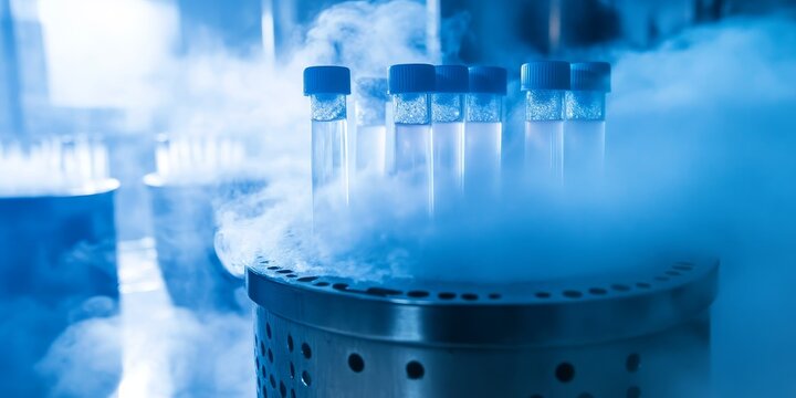 Cryopreservation of specimens in test tubes utilizing liquid nitrogen, with a focus on a liquid nitrogen bank that stores vital cryosamples of sperm and eggs for future use in storage.