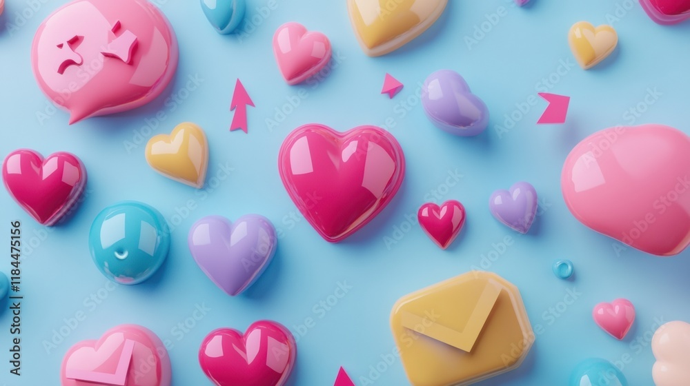 Aufkleber floating 3d chat bubbles, hearts, and arrows create a lively interaction on a blue background. gener