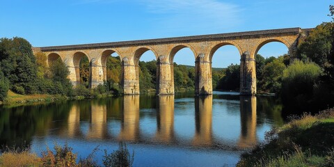 Fototapeta premium The Vanne aqueduct beautifully spans a river, showcasing the impressive architecture of the Vanne aqueduct while highlighting its significance in water transport and engineering marvels of aqueducts.