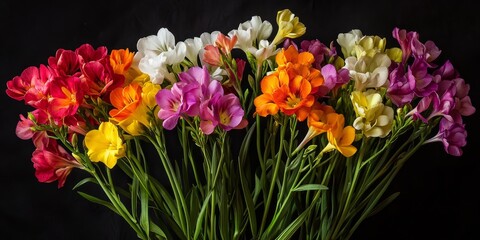 Obraz premium A stunning display of Freesia flowers showcasing vibrant colors in full bloom, highlighting the delicate beauty of Freesia in nature s artistry and garden arrangements.