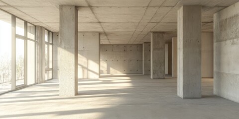 Interior view of a concrete residential apartment room featuring unfinished bare walls and support pillars, highlighting the construction phase of this concrete residential apartment space.
