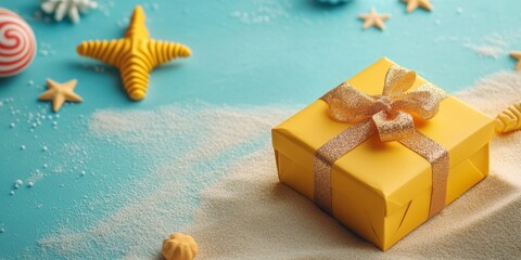 Summer themed gift box displayed on a sandy background evokes a sense of warmth and joy. The gift box symbolizes celebration and the essence of summer, making it a perfect seasonal visual.