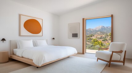 Modern Minimalist Bedroom with Scenic View of Mountains and Nature, Featuring Simple Design, Elegant Decor, and Natural Lighting for a Serene Atmosphere