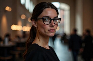 woman with glasses and long hair in soft focus with warm bokeh lights in background. modern and stylish portrait. fashion, lifestyle, young attractive female model