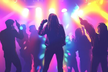 Vibrant Friends Enjoying Karaoke Night Together Under Colorful Lights and Lively Atmosphere, Celebrating Music and Joyous Moments with Laughter