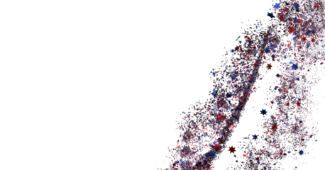 Festive background with confetti in the shape of stars in the color of the American flag.