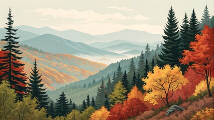Vibrant autumn forest with rolling hills and misty blue mountains in the distance.