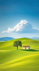 Serene Landscape with Isolated House and Tree Under a Clear Blue Sky in Rolling Green Hills, Evoking Peace, Tranquility, and Natural Beauty