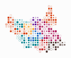 Obraz premium South Sudan, shape of the country built of colored cells. Digital style map of South Sudan on a white background. Large size rounded square blocks. Vibrant vector illustration.