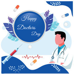 Doctors day with background. Medical health care banner design with doctor, stethoscope ,capsule,injection vector illustration
