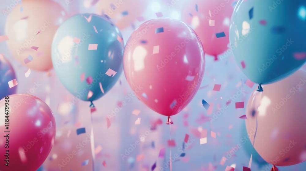 Poster bright and colorful balloons with confetti and party lights create a festive atmosphere for joyful c