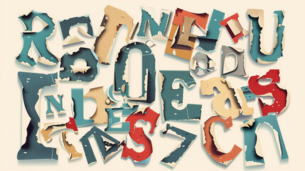Ransom collage Vintage Old Paper Cut Out Color Letters and Numbers. Alphabet Ransom note collage vector trendy paper style blackmail ransom kidnapper criminal anonymous or detective scrap font