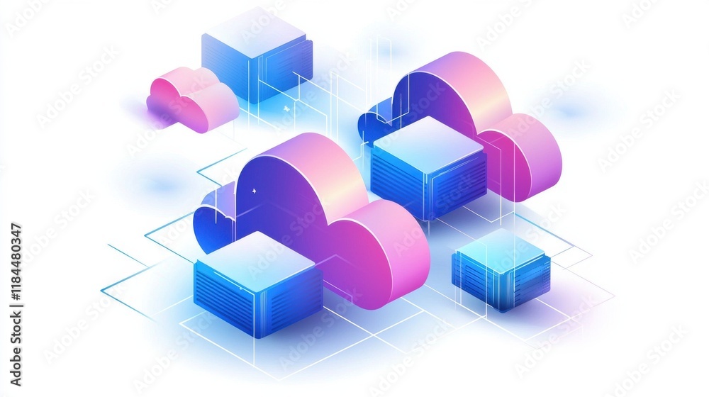 Poster futuristic 3d cubes and clouds floating in abstract digital space with vibrant gradient background