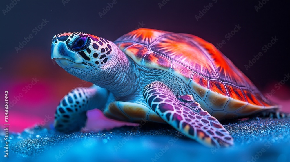 Poster A turtle gracefully navigates its vibrant aquatic environment, showcasing a stunning neon shell that reflects an array of colors. The colorful surroundings enhance its serene journey