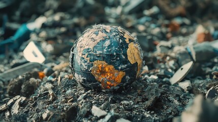 Damaged Earth Globe Amidst a Pile of Rubble and Waste