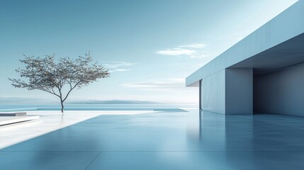 Minimalist Seascape Modern Architecture, Single Tree, Blue Hue