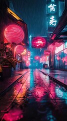 Obraz premium Neon Lit Rainy Night in a Vibrant Asian Cityscape with Moody Atmosphere