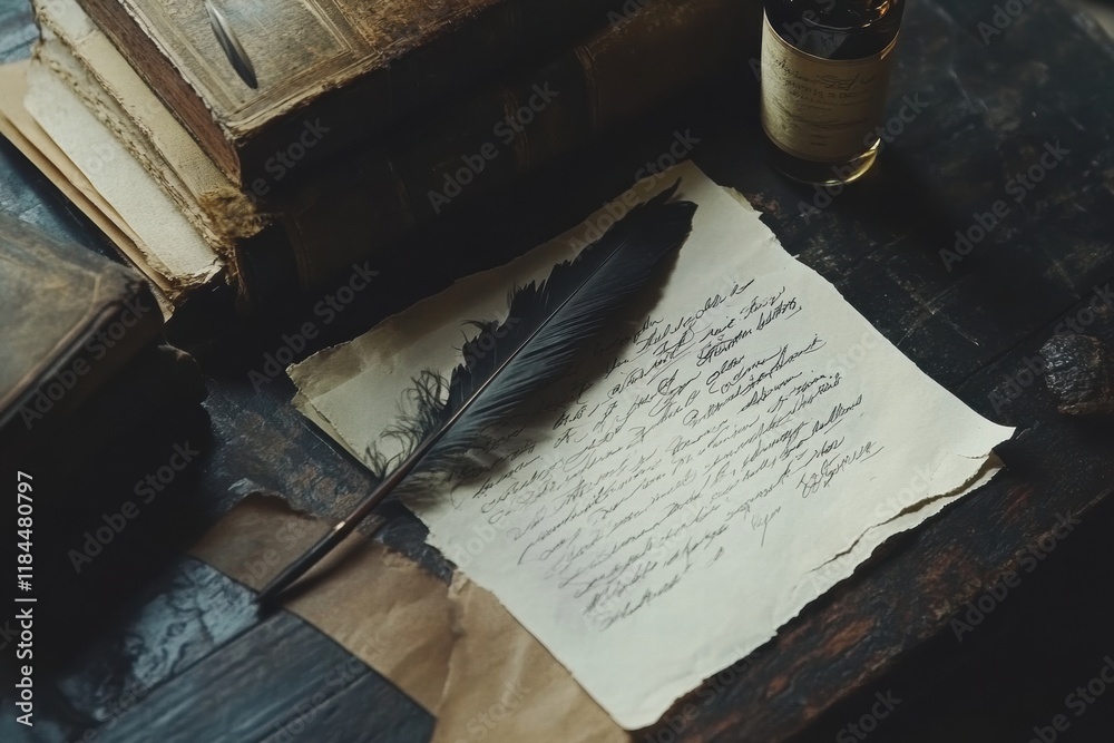 Poster calligraphy tools displayed on a wooden table with ink, quill, and parchment paper set for creative 
