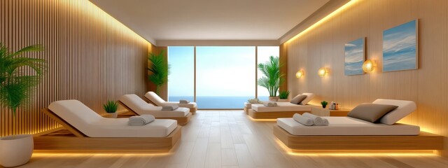 Modern and Serene Spa Interior with Relaxing Lounge Chairs and Panoramic Ocean View, Featuring Natural Elements and Warm Lighting for Ultimate Tranquility