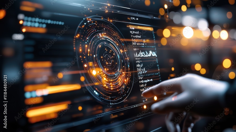 Poster futuristic digital interface display with holographic data analytics and visualization