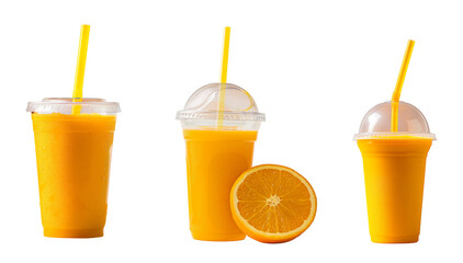 Plastic cup of orange juice with straw, half of a juicy orange slice isolated on white or transparent background PNG